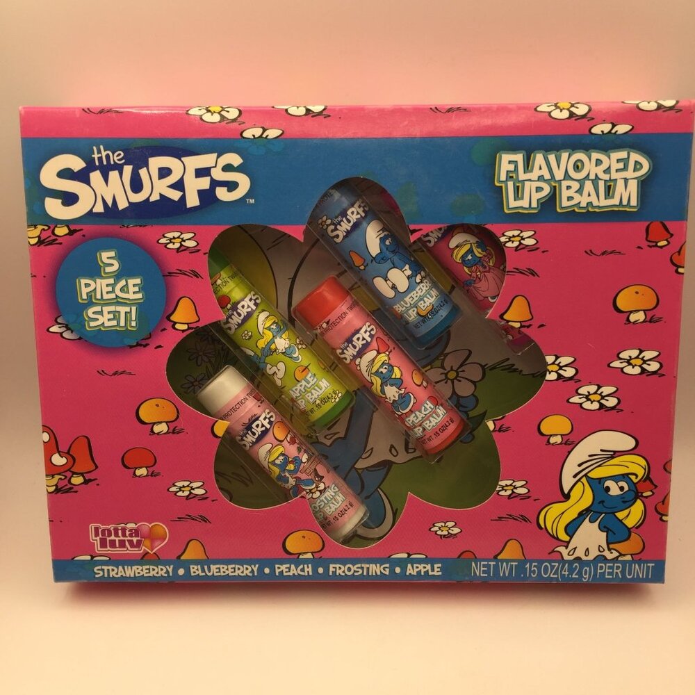 Lotta Luv The Smurfs 5 Piece Set Flavored Lip Balm Berry Frosting Peach Apple